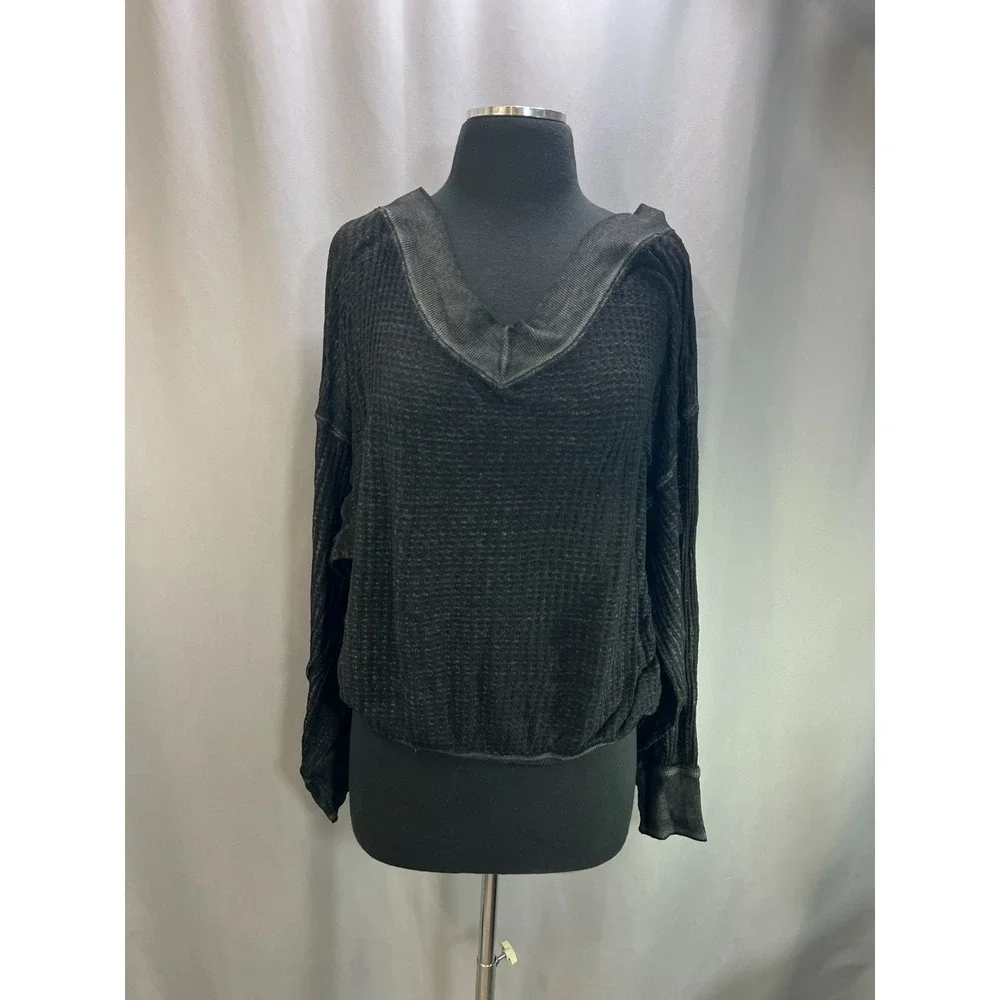 Free People We The Free South Side Thermal Top Women XS Black Cotton Waffle Knit